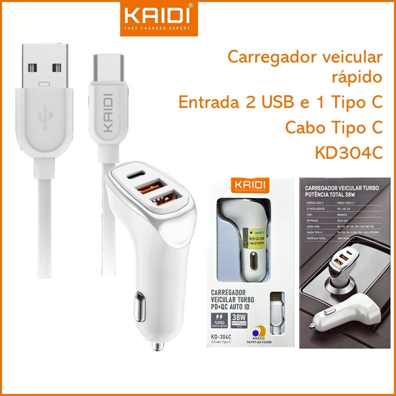 Carregador Veicular Turbo Fonte com 3 Saídas com Cabo USB para Tipo C 1m Kaidi KD-304C
