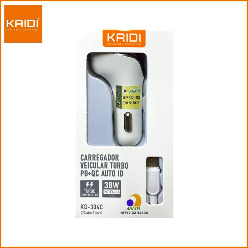 Carregador Veicular Turbo Fonte com 3 Saídas com Cabo USB para Tipo C 1m Kaidi KD-304C