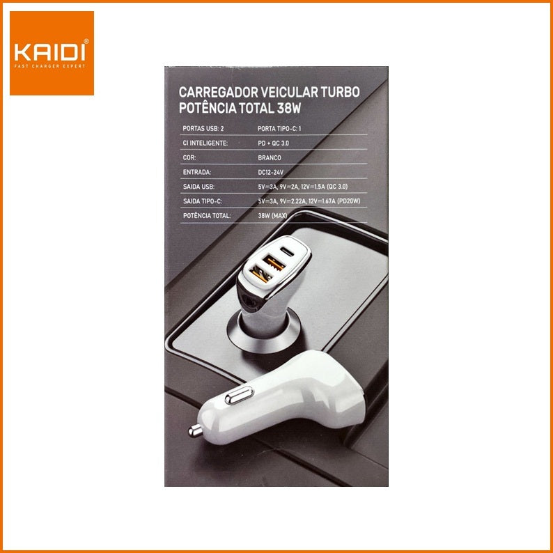 Carregador Veicular Turbo Fonte com 3 Saídas com Cabo USB para Tipo C 1m Kaidi KD-304C