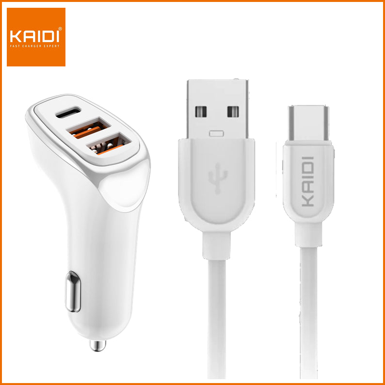 Carregador Veicular Turbo Fonte com 3 Saídas com Cabo USB para Tipo C 1m Kaidi KD-304C