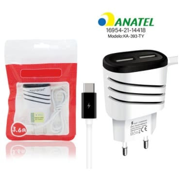 Carregador de Celular Android TIPO C Turbo Fast Charger Duas Saídas USB Homologado ANATEL