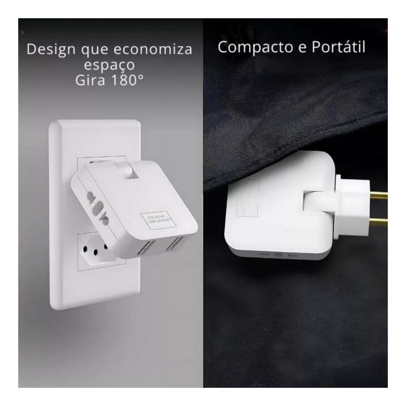 Adaptador Tomada Benjamin Articulado Dobrável Com 1 Entrada USB + 1 Entrada Tipo C Casa Escritório
