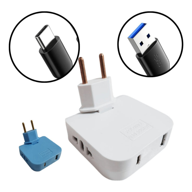 Adaptador Tomada Benjamin Articulado Dobrável Com 1 Entrada USB + 1 Entrada Tipo C Casa Escritório