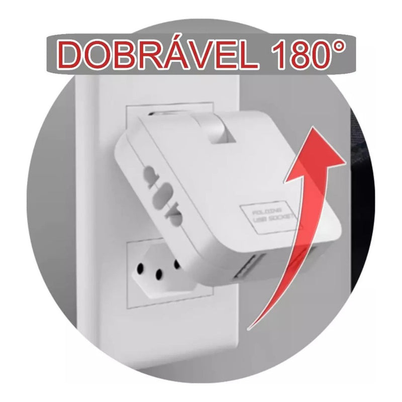 Adaptador Tomada Benjamin Articulado Dobrável Com 1 Entrada USB + 1 Entrada Tipo C Casa Escritório
