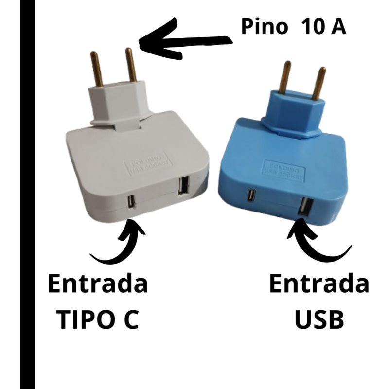 Adaptador Tomada Benjamin Articulado Dobrável Com 1 Entrada USB + 1 Entrada Tipo C Casa Escritório