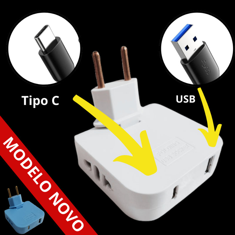 Adaptador Tomada Benjamin Articulado Dobrável Com 1 Entrada USB + 1 Entrada Tipo C Casa Escritório