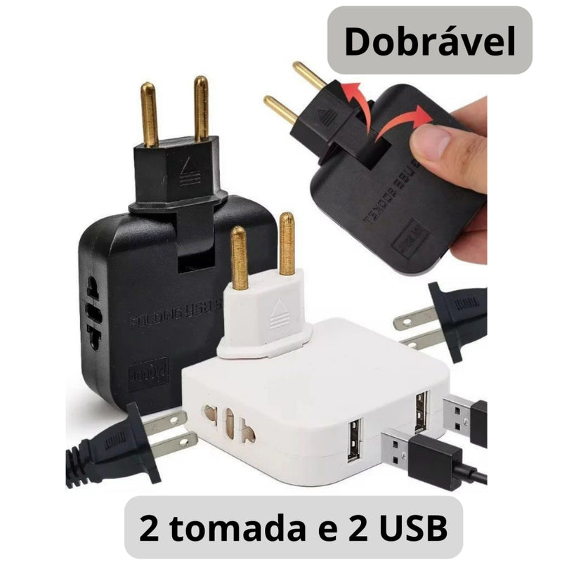 Adaptador Tomada Benjamin Articulado Dobrável Com 2 Entradas USB Casa e Escritório