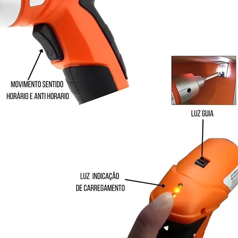 Parafusadeira Furadeira sem Fio Recarregável com Maleta 45 peças USB C BIVOLT