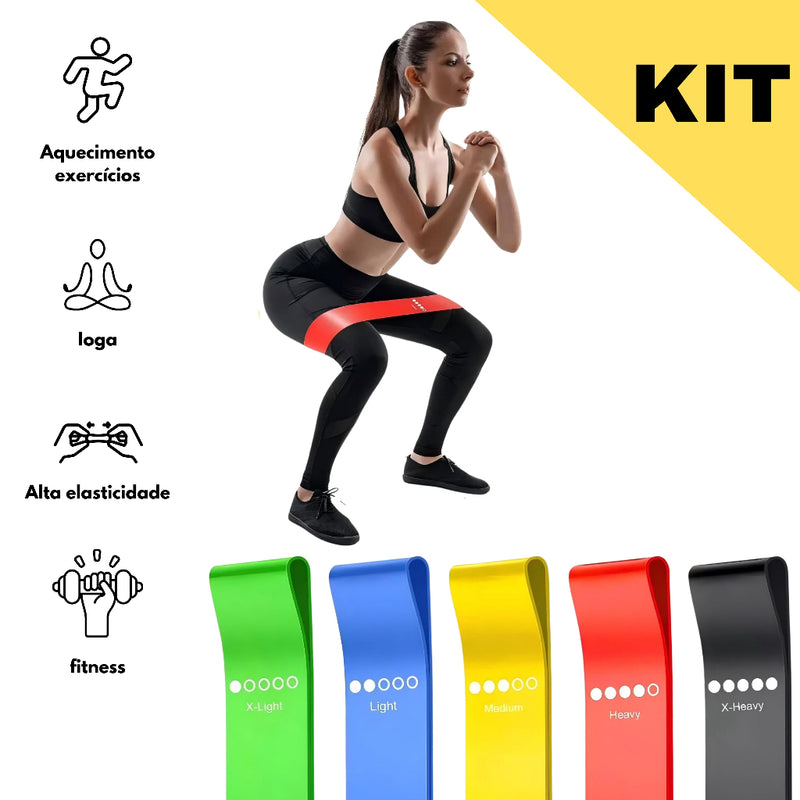 Faixas Elásticas Kit C5 para Exercícios Multifuncional Yoga Fisioterapia Treino e Academia