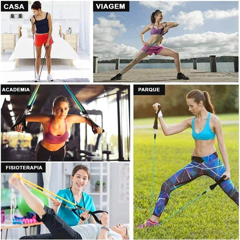 Kit Elástico Extensor 11 Itens Treino Intenso Funcional Musculação, Yoga, Pilates Academia