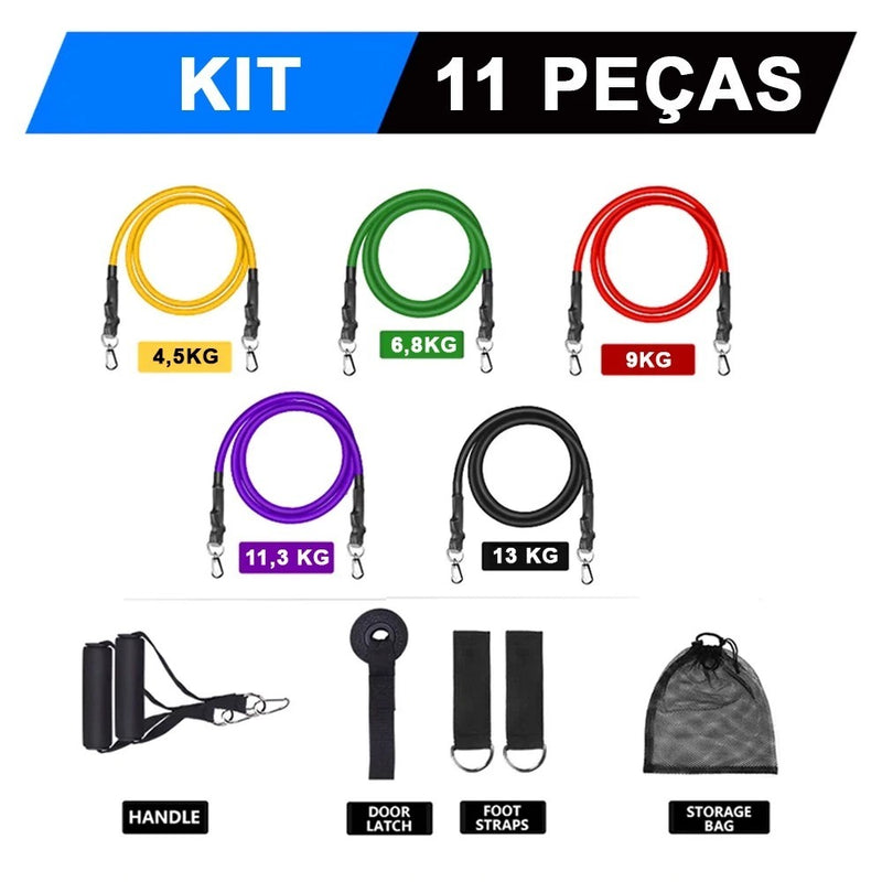 Kit Elástico Extensor 11 Itens Treino Intenso Funcional Musculação, Yoga, Pilates Academia